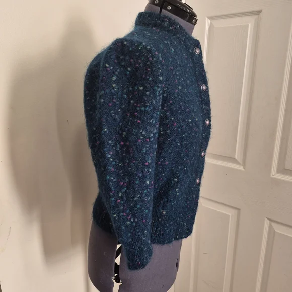 Vintage Haur Hwa Teal Blue/Green Wool Cardigan Sweater w/ Colorful Flexs Med. - Picture 2 of 5